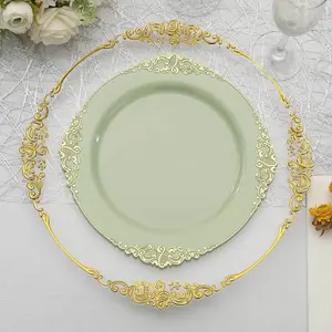10-Pack Disposable 10in Sage Green Plastic Dinner Plates, Gold Leaf Embossed Rim, Vintage Baroque Style for Home Festive Party Supplies