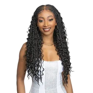 Janet Collection Human Hair Blend HD Lace Frontal Wig 360 Glueless Melt Hand-Tied 13X6 Boho Box Braid 28"