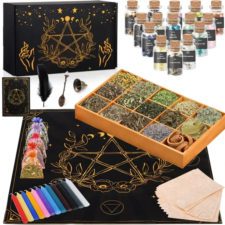64-Piece Wiccan Ritual Box Kit - DIY Candle & Soap Making Set with Altar Cloth, Organic Herbs, Crystals, Tarot, Candles for Witchy Home Decor & Gifting