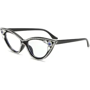 blue light blocking glasses, cat's eye water diamond women's glasses frame, anti eye strain computer glasses