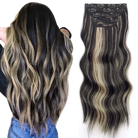 Sohochic AISI HAIR Female Clip In Hair Extensions, 20/24 Inch Wavy Synthetic Hairpieces, Thick Double Weft 4-Piece Set with Non-Slip Clips, Heat Resistant, Anti-Thinning Synthetic Extensions & Pieces, Chestnut Brown/Black, Wavy Finish, Instant Glam