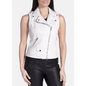 Womens Bright White Biker Leather Vest