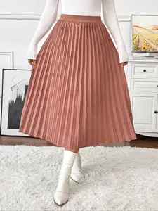 Women's Elastic Waist Commuter Simple Solid Color Long Pleated Skirt, Elegant Office Wear, Comfortable and Stylish Design