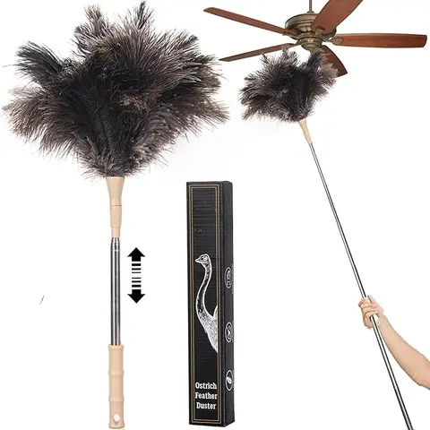Extendable Ostrich Feather Duster, 50 inches Natural Fluffy Long Handle Feathers Dusters, Soft, Durable, Reusable for Home Office Cleaning High Ceilings, Wall, Fans, Furniture, Blinds,Roof Dusting