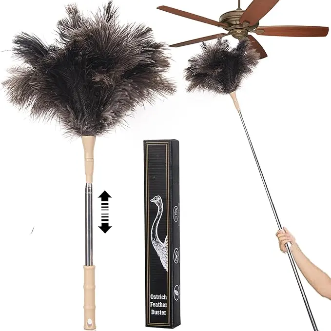 Extendable Ostrich Feather Duster, 50 inches Natural Fluffy Long Handle Feathers Dusters, Soft, Durable, Reusable for Home Office Cleaning High Ceilings, Wall, Fans, Furniture, Blinds,Roof Dusting