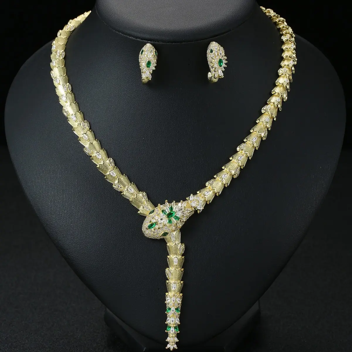 Gold Plated Serpent Snake Jewelry Set, Emerald/Ruby CZ Pave Flexible Scale Snake Choker Necklace Earrings Set, Luxury Vintage Statement Party Evening Costume Jewelry