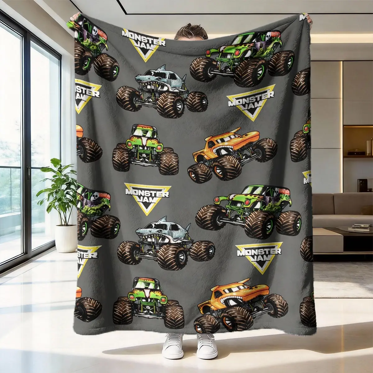Monster Jam Large Foot Vehicle Flannel Blanket Soft Skin-Friendly Warmth Suitable for Sofa Bedroom Nap Multi-Scene Use Unique Pattern Ultra Soft Lightweight Cozy Fleece Blanket for Kids Adults Home Decoration