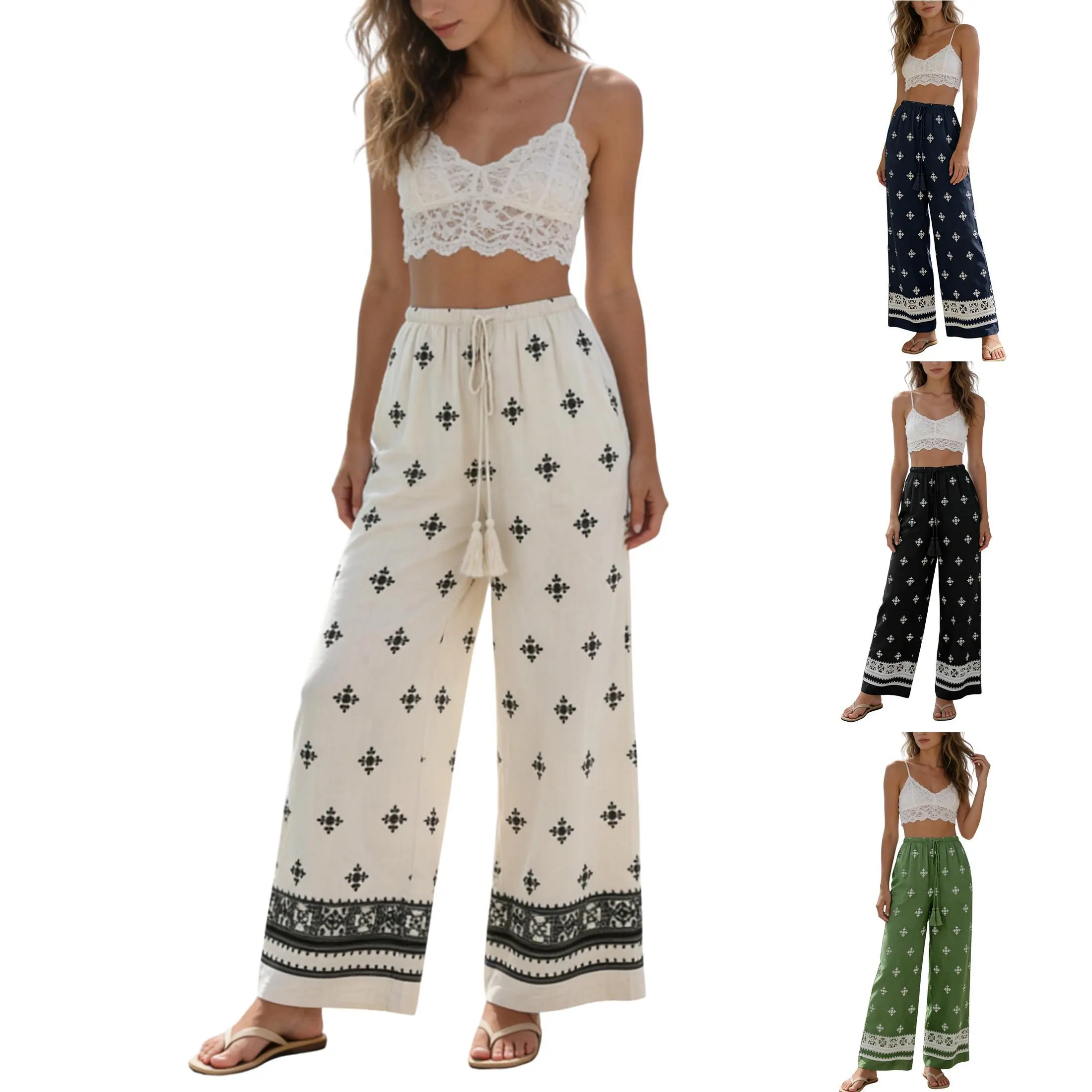 SCUSTY Women's 2026 Summer Boho Print Wide Leg Pants High Waisted Elastic Drawstring Casual Flowy Palazzo Trousers with Pockets Lightweight Breathable Woven Linen Feel Blend Beach Vacation Hippie Bohemian OOTD Everyday Wear