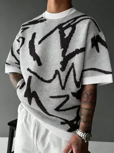 Abstract Graffiti Knit Short Sleeve Round Neck, Casual Breathable Top, Modern Fitted Long Clothing, All over Print, Man, Streetwear