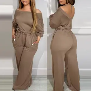 2025 Off-Shoulder V-Back Stretch Waist Pocket Design Jumpsuit