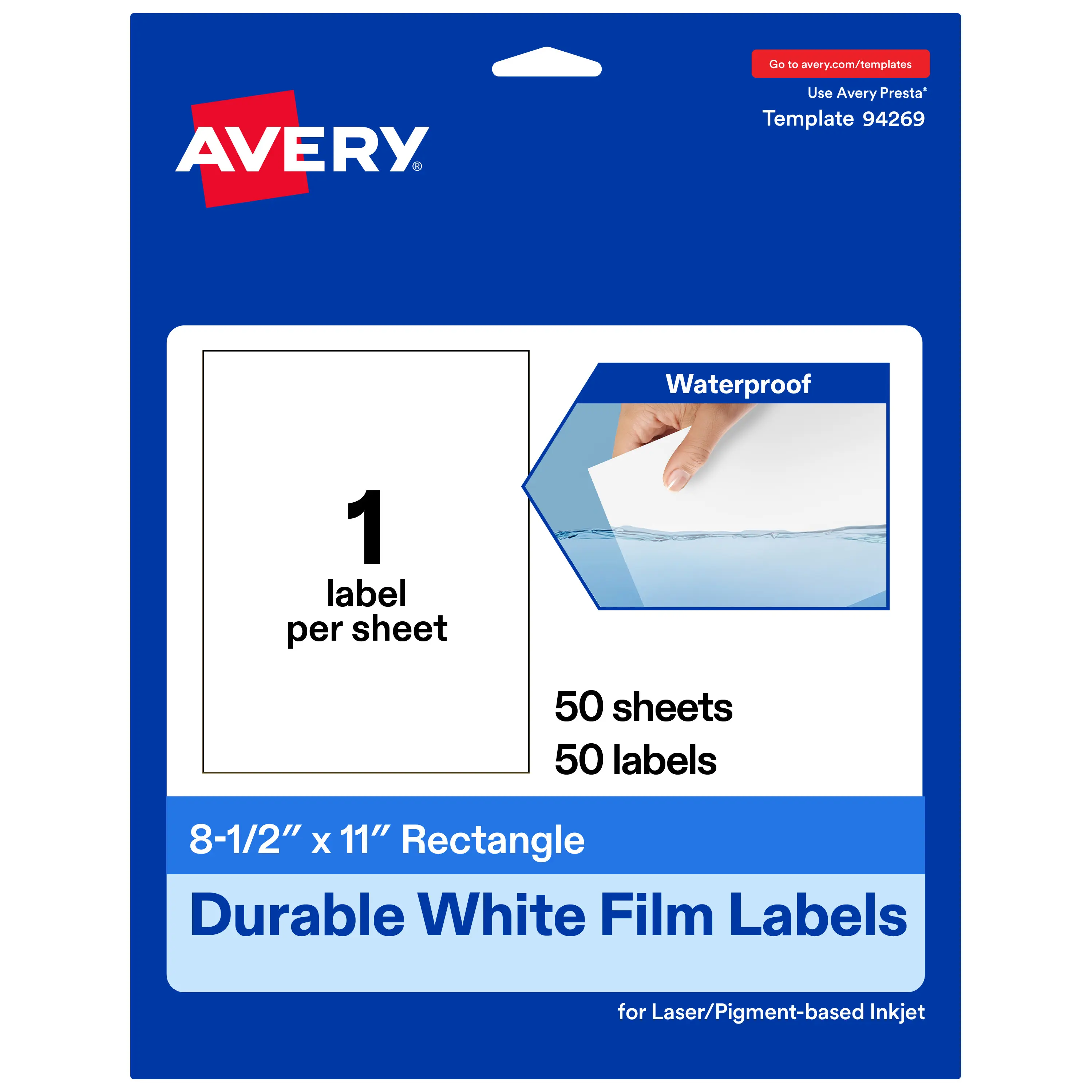 Avery Durable Waterproof Rectangle Labels, 8.5" x 11"