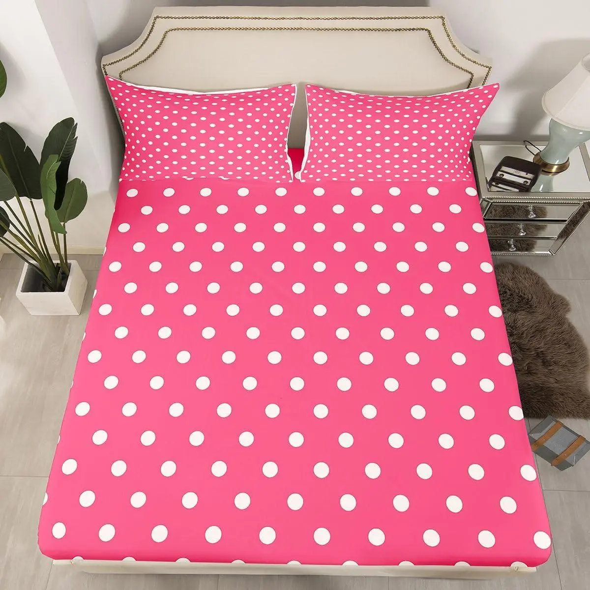 Pink White Polka Dot Fitted Sheet with 1 Pillowcase Retro Cute Polka Dot Bed Sheets Set 16" Deep Pocket Boys Girls Geometric Bedding Luxury Teens Bedroom Decor Breathable Soft