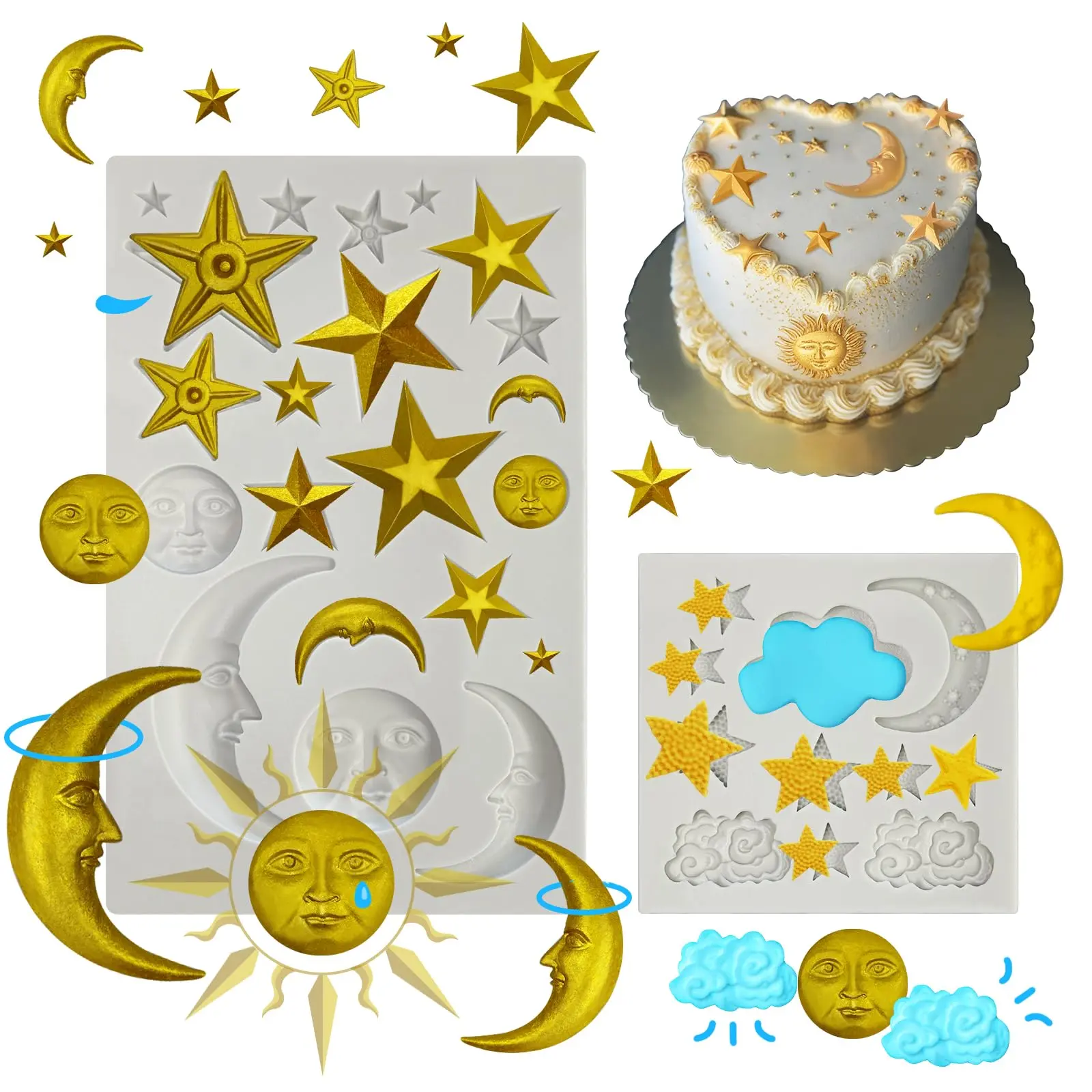 Moon Star Sun Face Silicone Molds - 2 Pcs Cake Decorating Molds for DIY Crafts, Fondant, Cupcakes & More