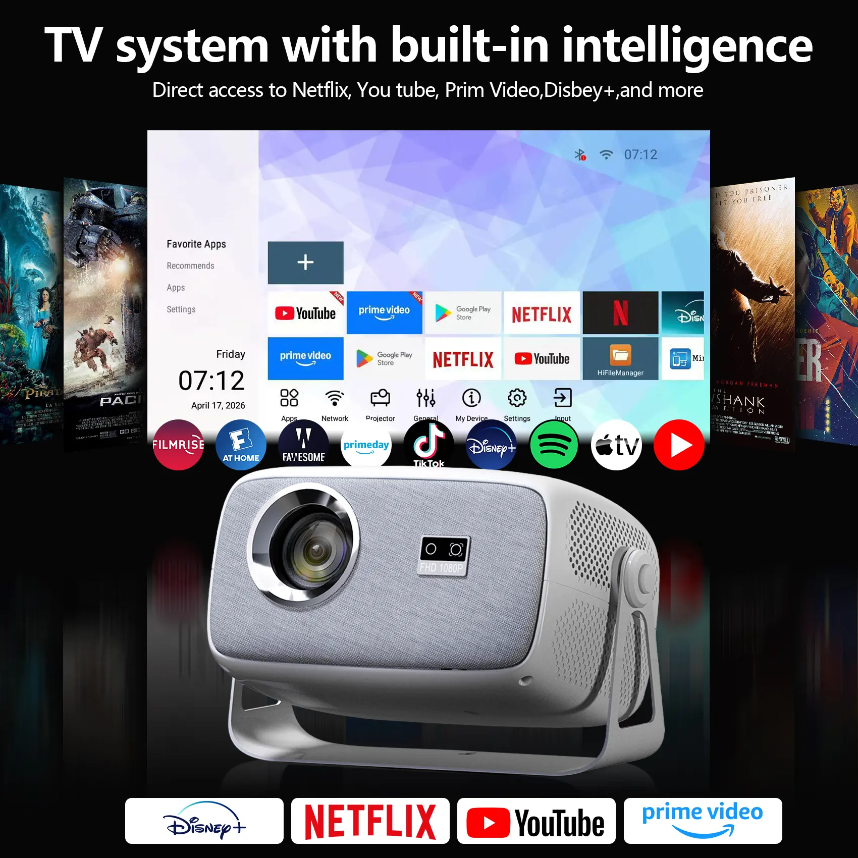 HLT X4 Projector—High brightness, autofocus, supports 1080p and 4K video sources, Wi-Fi and Bluetooth, runs on Android, features Hisi252 technology, compact and portable design, built-in speakers, ideal for home and outdoor theaters.