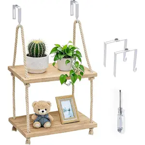 2 Tier Cubicle Shelf for Fabric Wall with Hooks, 11.8 Inch Wooden Hanging Shelf Boho Style Desk Storage Organizer for Office Cubicle Work Decor