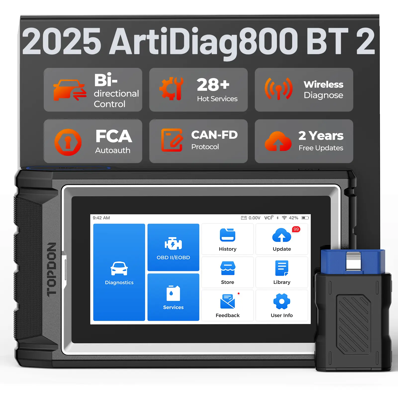TOPDON AD800BT 2 OBD2 Scanner, Bi-Directional Control Full Systems Automotive Scan Tool with 28+ Services, Injector Coding, Diagnostic Tool All Vehic