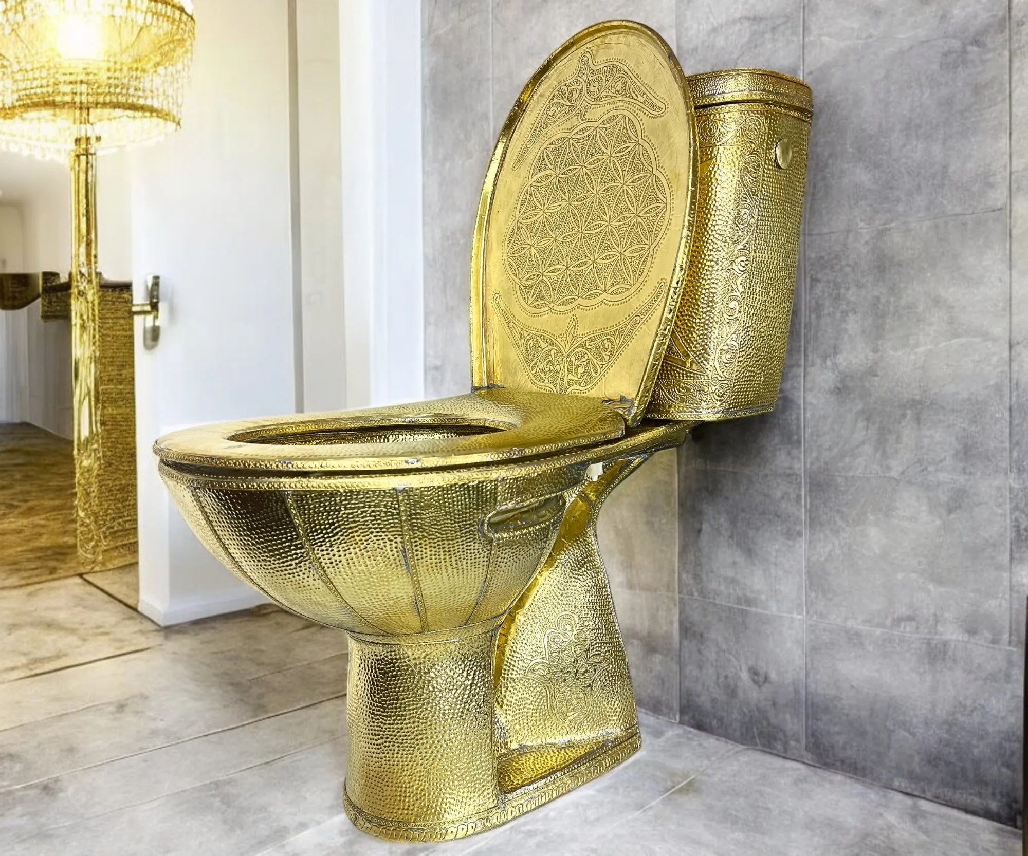 Handmade Brass Toilet with Engraved Hammered Design