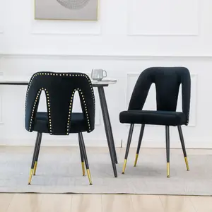 Hardware A&A Furniture,Akoya Collection Modern Contemporary Velvet Upholstered Dining Chair with Nailheads and Gold Tipped Black Metal Legs,Black,Set of 2