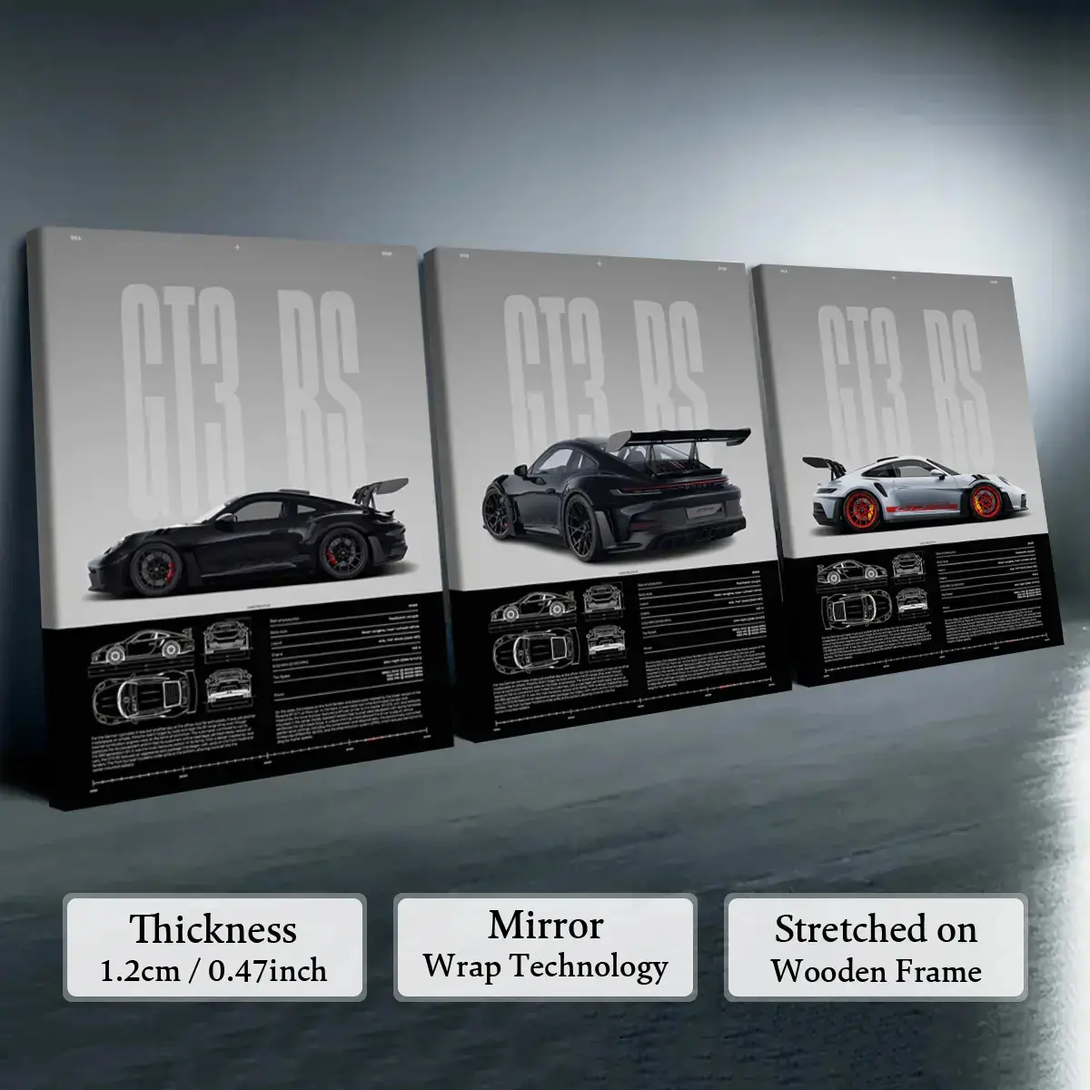 Porsche GT3 RS Canvas Wall Art - 3-Pack Wood Framed Set, Waterproof, Hyper-Realistic Vehicles Posters & Prints, Artistic Minimalist Home Decor, Man Cave & Bedroom Decoration, Gift for Car Enthusiasts, Water Proof, Artwork