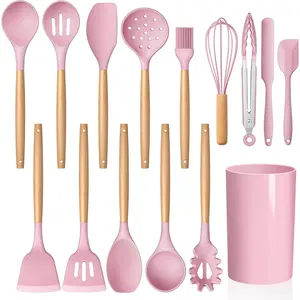 Kitchen Utensils Set,  15- Heat Resistant Cooking Utensils with Holder, Cooking Kitchen Gadgets Tools for Nonstick Cookware, Wooden Handle,