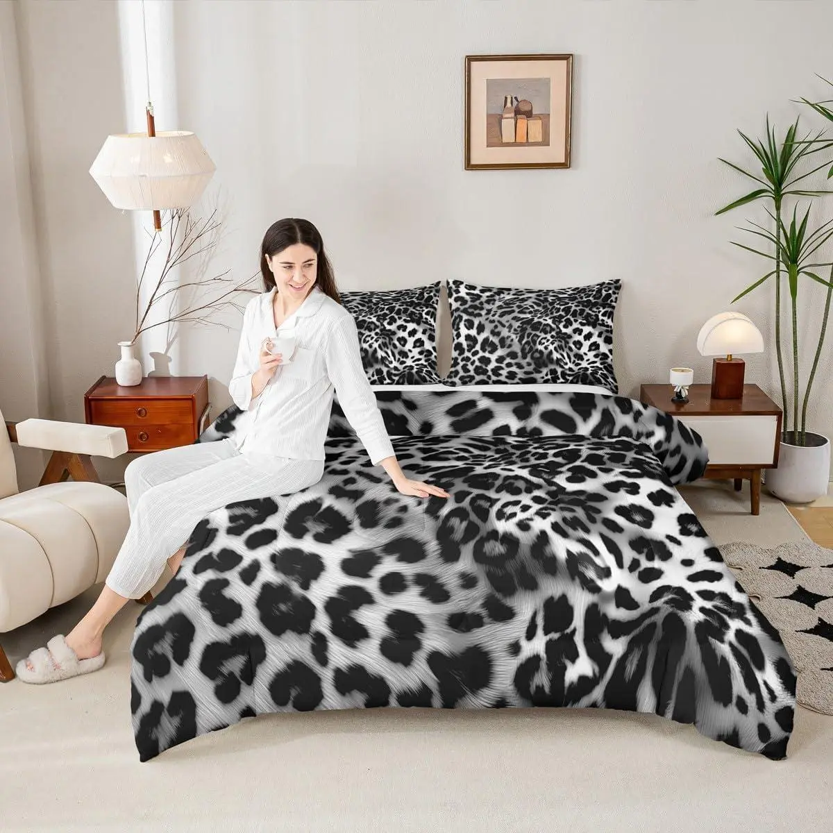 Feelyou Leopard Print Microfiber Bed Set - Soft Breathable Quilt Bedding Set, Black and White Design, King & Multi-Size Options, Machine Washable Kids Bedding Decor