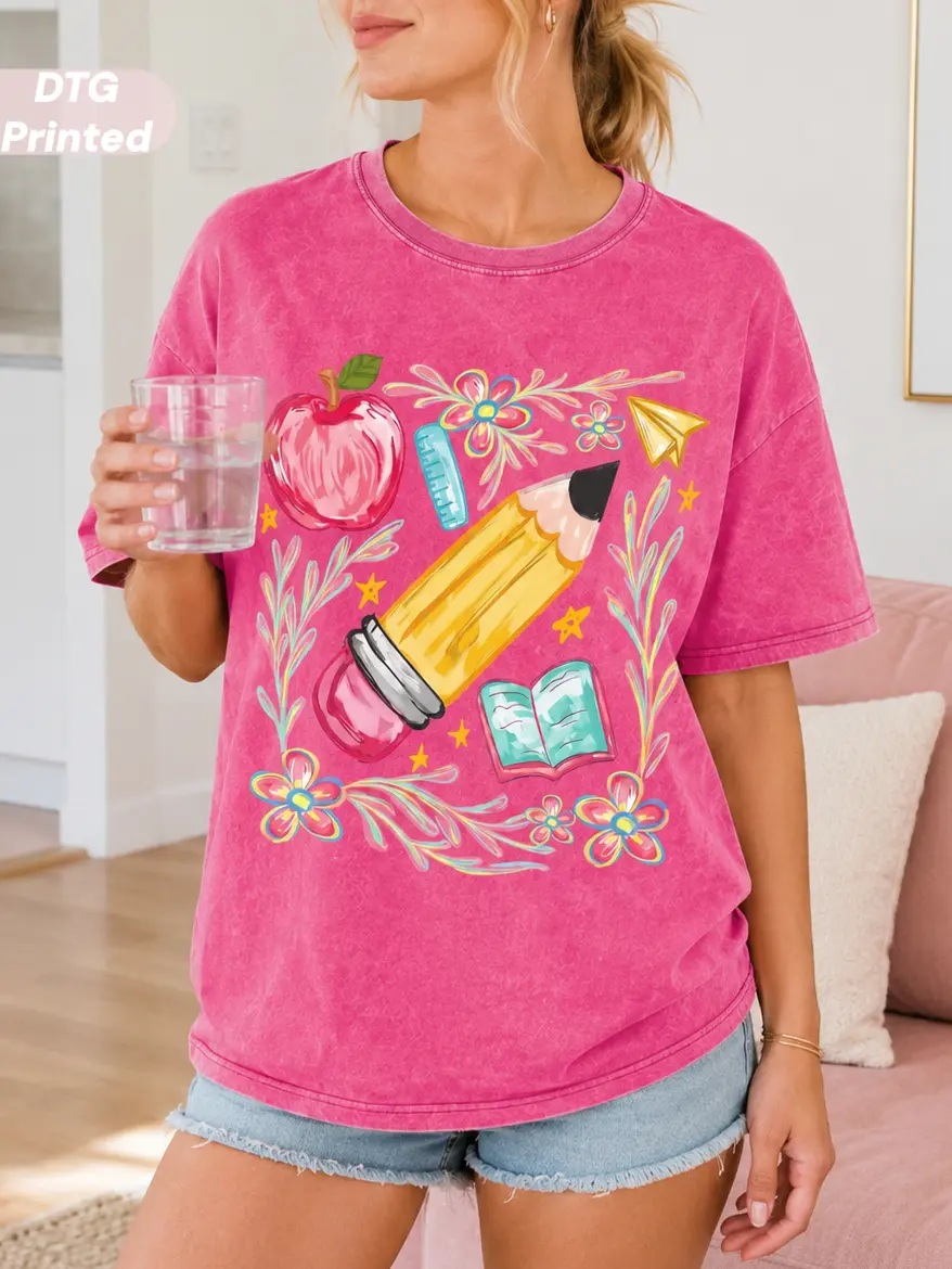 MUSEBEAU Floral Teacher Pencil Tee, Coquette Back to School Heavyweight 100% Cotton DTG Printed Graphic T-Shirt, 1st Day of School Graphic Top, Cute Classroom Look Cotton,Short-Sleeve Womenswear Top,Retro Streetwear Summer Outfit,back to school shopping