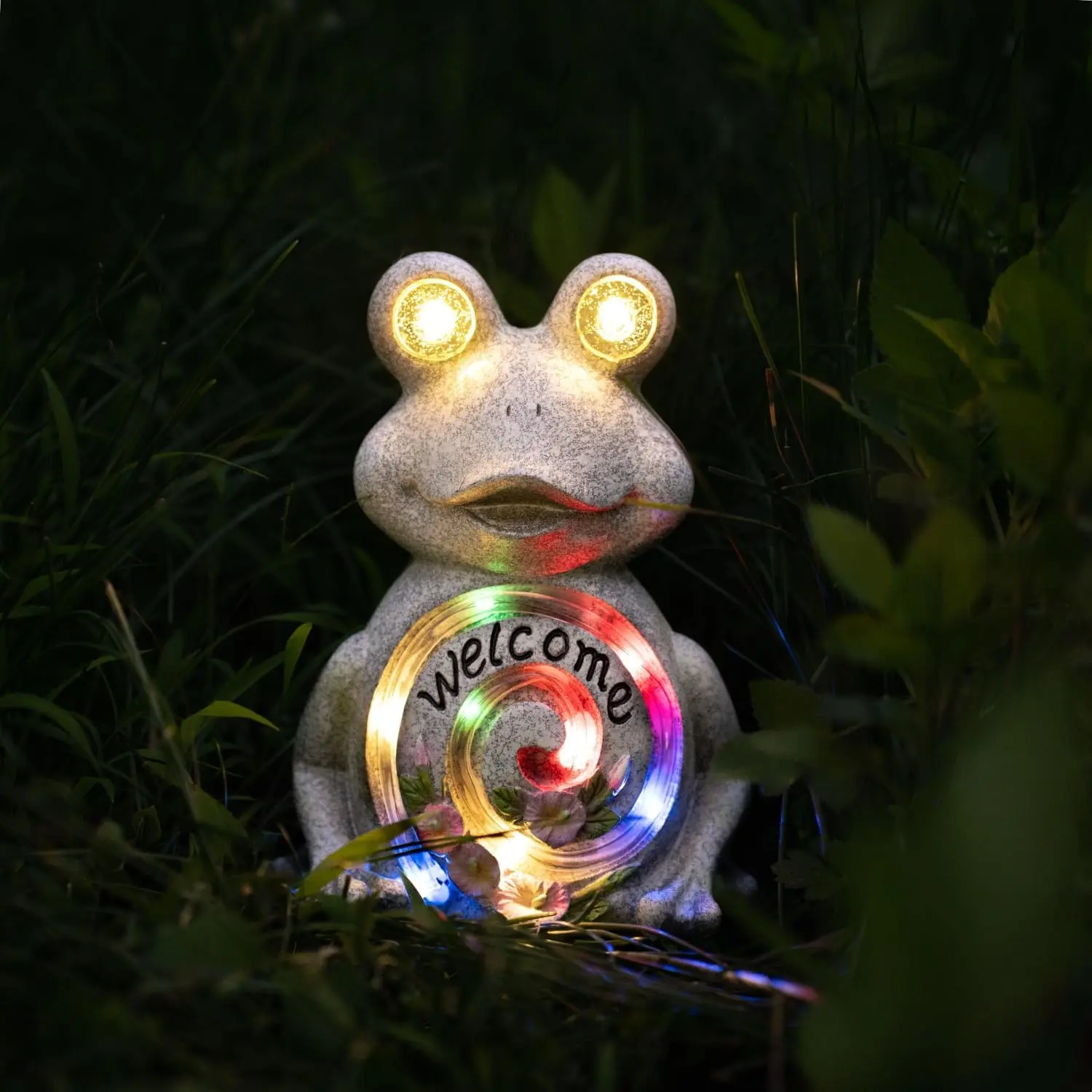 Solar Frog Garden Statue with LED Lights – Welcome Yard Decor for Lawn, Patio, Porch – Outdoor Figurine Gift for Women, Mom, Friends(Frog Garden Lights)