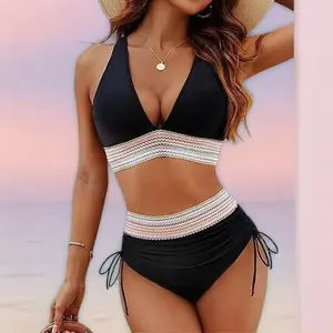 Women's High Waist Bikini Set Tummy Control Drawstring Adjustable Wide Strap Color Block Swimsuit Hourglass Bikini Beach Bathing Suit