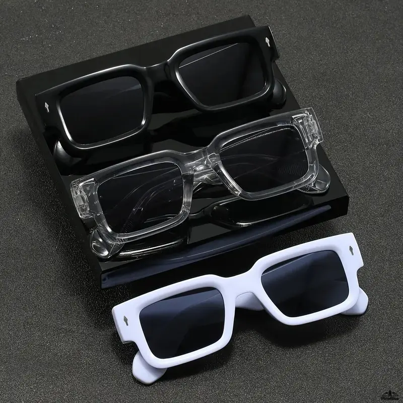 Retro Square Sunglasses for Male Streetwear, 3-Pack Thick Frame with UV Protection Lens in Black, White, Transparent, Bold, Uv Lens