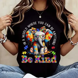 Elephant With Puzzle Pieces And Be Kind Print T Shirt Crew Neck Casual Wear For Women And Girls 4FX