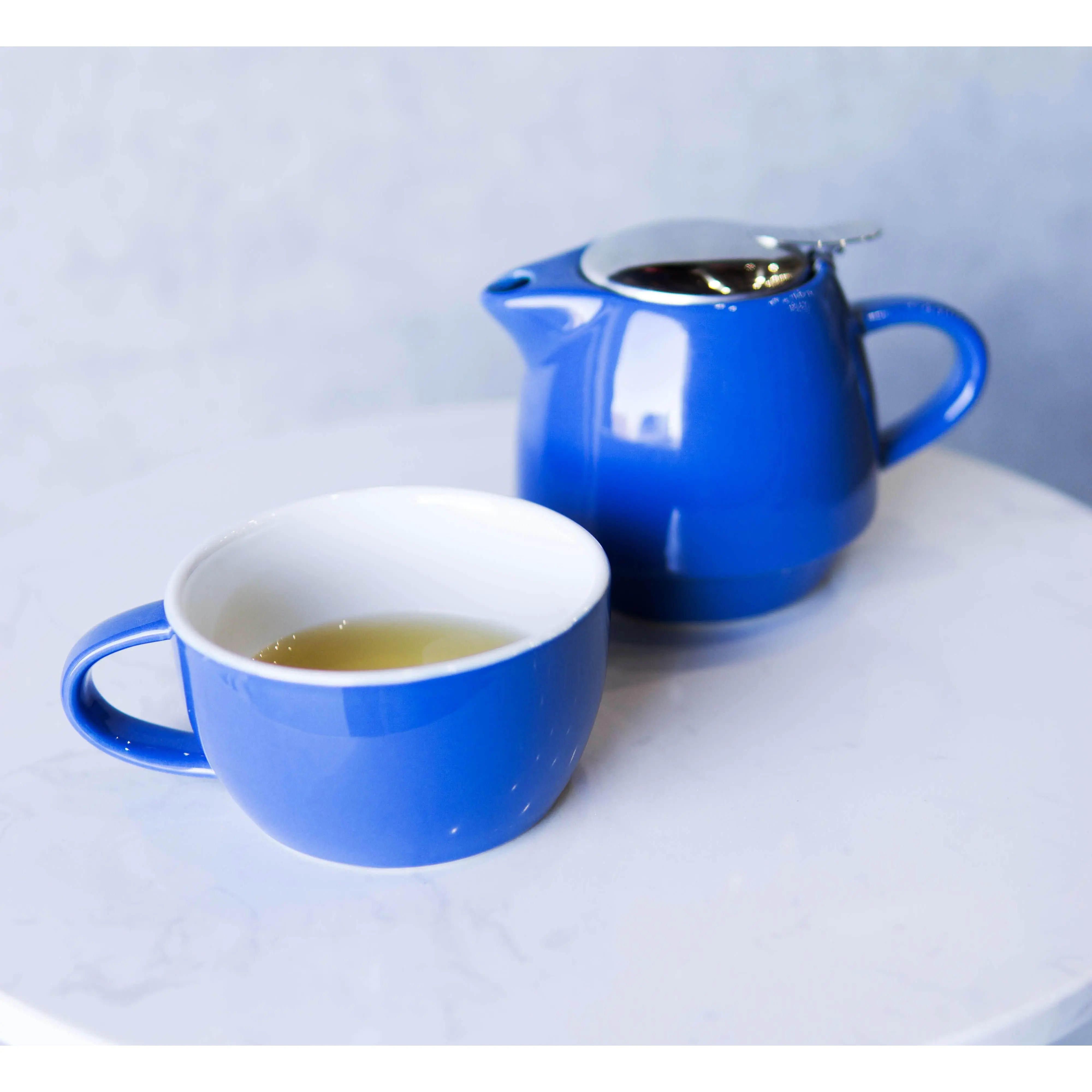Glossy Blue Contemporary Ceramic Stackable Teapot Set - Single Tea Pot with Insulated Lid, Strainer, Infuser, Colorful Matching Mug