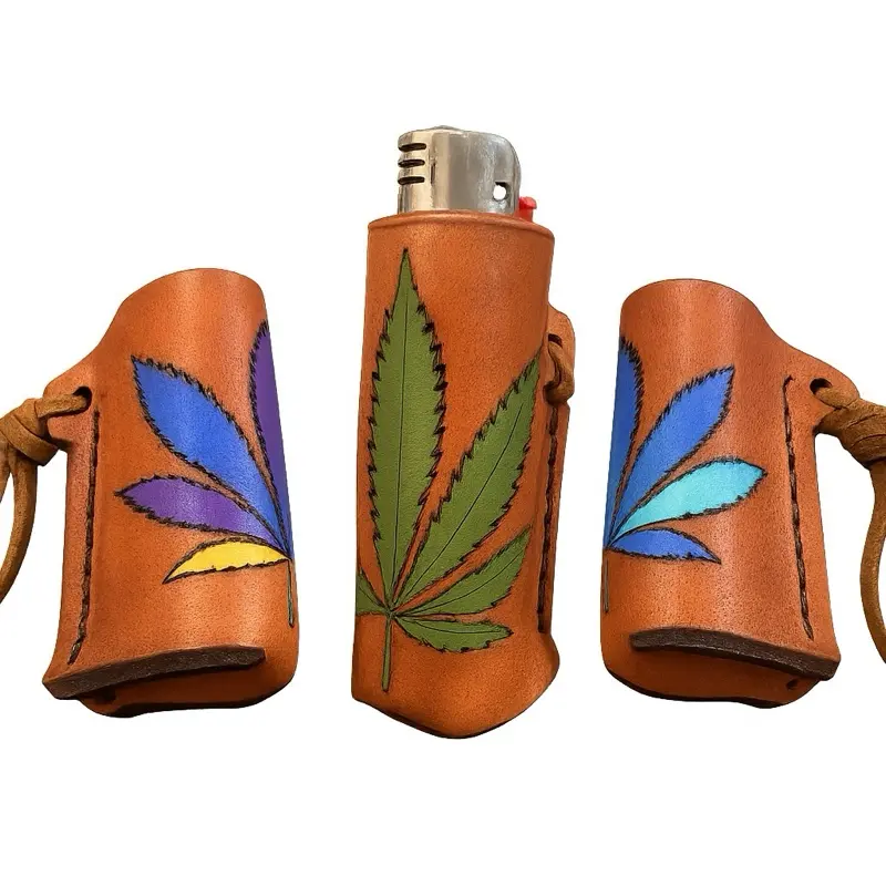 Handcrafted Leather Lighter Holster with Vibrant Cannabis Leaf Design for Stylish Protection Gift