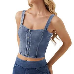 YUCOLEN Womens Casual Denim Tank Top Square Neck Sleeveless Slim Fit High Stretch Built-in Bra Tank Top Summer Workout Yoga Daily Wear
