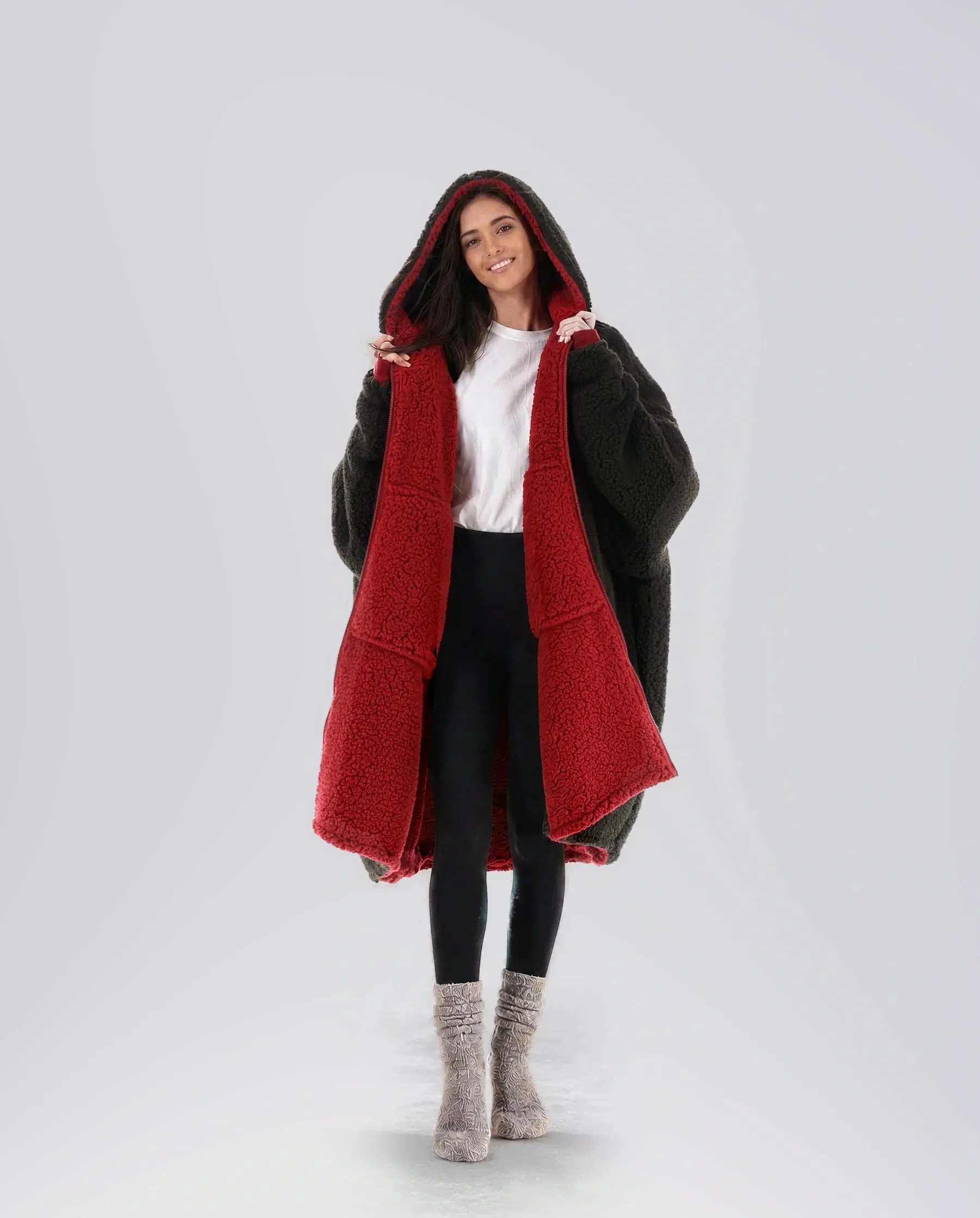 THE COMFY Teddy Bear Full-Zip - All Sherpa Double Layered Wearable Blanket Hoodie with Front Full Length Zipper, Machine Washable, One Size Fits Most, Seen on Shark Tank, Great Gift, Original, Pockets