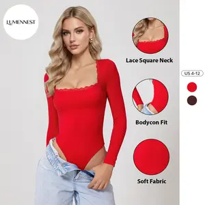 LUMENNEST  Women's Workout Solid Color Lace Trim Long Sleeve Seamless Bodysuit, Stretchy Sport & Outdoor Clothing, Versatile Gymclothing, Shapewear Bodysuit