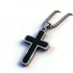 Men's Black Inlay Titanium Steel Cross Pendant Necklace - 34cm Chain, 14.4g/0.5oz - Daily & Faith Wear Religious Jewelry gift accessories