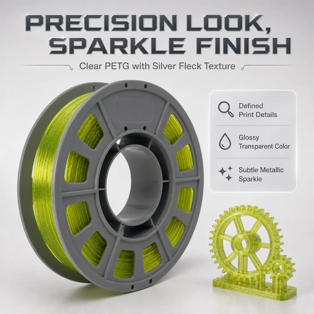 Translucent Yellow Silver Sparkle PETG Filament for Makers, 1.75mm, 300g Spool, Low Stringing, Warp-Resistant, Sparkle Finish for 3D Enthusiasts & FDM 3D Printers