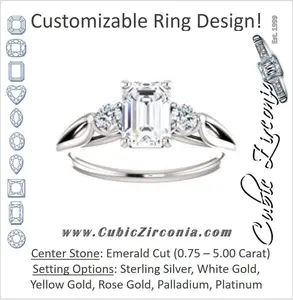 Cubic Zirconia Engagement Ring- The Mahlia (Customizable 3-stone Design with Emerald Cut Center, Round Accents and Split Band)