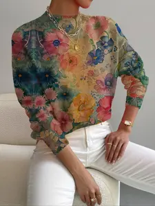 Women's Vintage Style Floral Print Knit Sweater, Casual Elegance for Spring Fall Winter, Small Stand Collar, Holiday & Commute Wear Knitwear