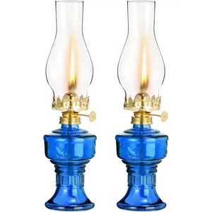 2 Pcs Chamber Oil Lamps for Indoor Use Vintage Kerosene Lamp Rustic Hurricane Kerosene Lantern with Adjustable Fire Wick for Home Emergency Lighting 13'' High Blue