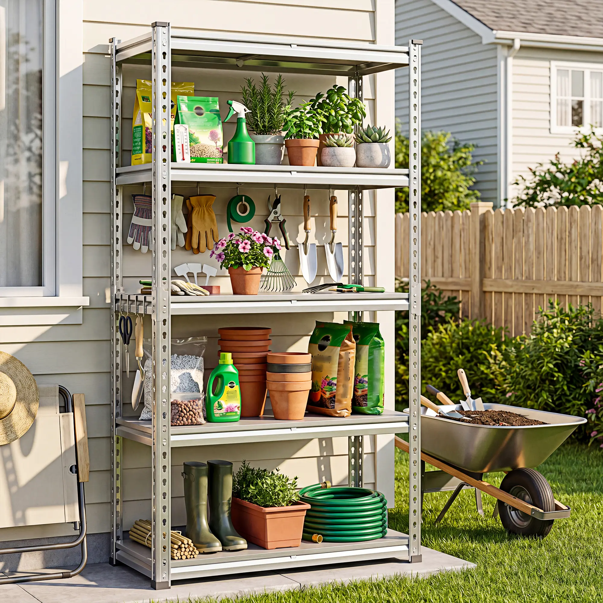 Raybee Waterproof Garden Shelves with PP Boards Polypropylene Shelf Heavy-Duty Storage Shelves, Adjustable 5‑Tier Metal Frame Storage Rack with Plastic Shelves for Pantry, Closet, Kitchen, Gardening, Warehouse, Indoor & Outdoor Durable Sturdy Rack