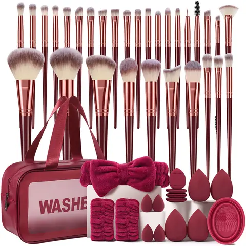 47PCS Multifunctional Cosmetic Makeup Tools 1 Set - Waterproof Bag, 30PCS Brush Set, Assorted Sponges, Mini Cushion Powder Puffs, Hairband, Wrist Straps, Brush Cleaner, Portable Daily Travel Vanity Accessories for Adults’ Smoothing Flawless Application