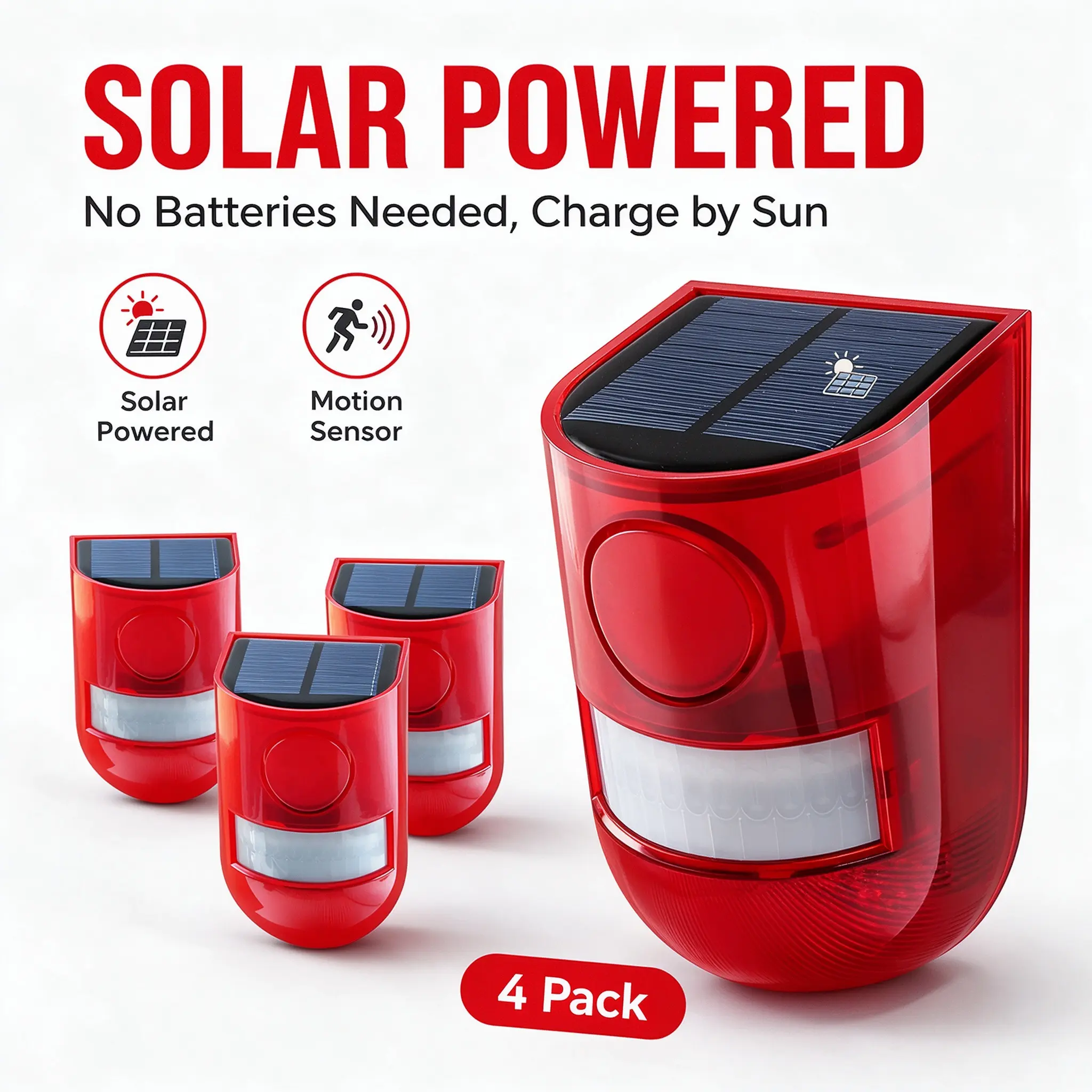 Outdoor Solar Motion Sensor Alarm - 129dB Siren, 6 LED Flasher, IP55 Waterproof Security Light with 4 Modes, Motion-Activated Warning for Chicken Coop, Yard, Multi-Pack Options (1, 2 or 4 Units)