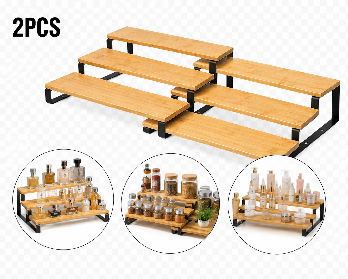 Display Risers, Set of 2 Perfume Organizer Stand, 3-Tier Cupcake Stand Holder, Spice Rack, Shelf Risers for Figures, Dessert Shelves-Black Legs