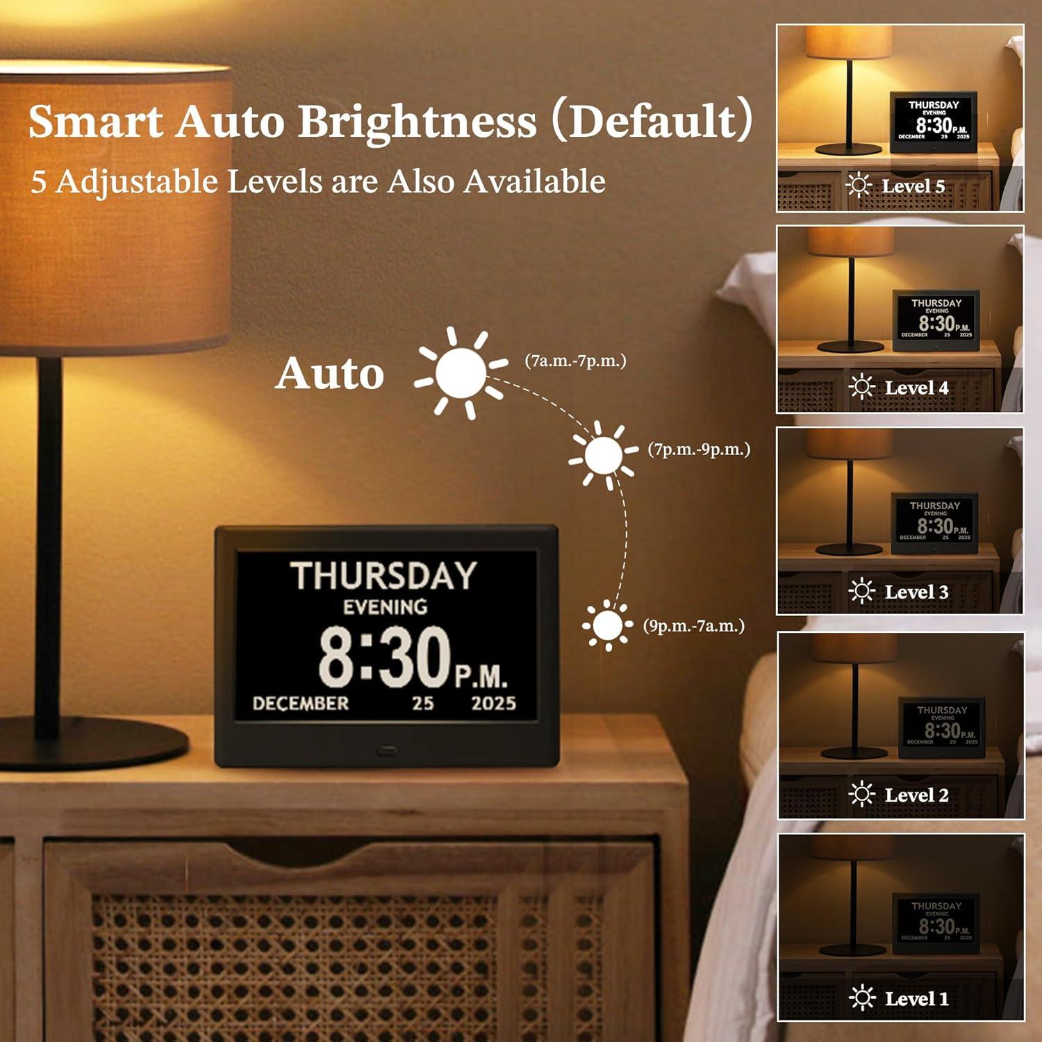 7'' Dementia Clock For Seniors, Large Display Digital Clock With Date, Time, Day Of Week for Elderly, Memory Loss, Alzheimer, 1024*600P HD, 10 Reminders & 6 Alarms, Auto Dimming & DST, Remote Control