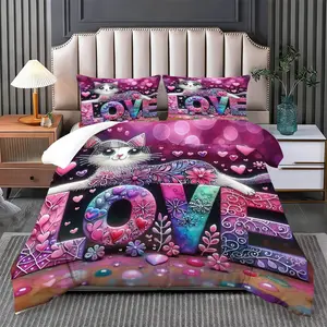 2/3 Pcs Cute Cat Painted Love Bedding Comforter Set（Quilt/Comforter）, Comforter & 1/2 Pillowcases (no filler), All-Season, Colorful Cat Love Print, Fits Bedroom/Dorm/Rental Decor, Ideal for Healing Cute Style Fans/Roommates/Birthday Gifters