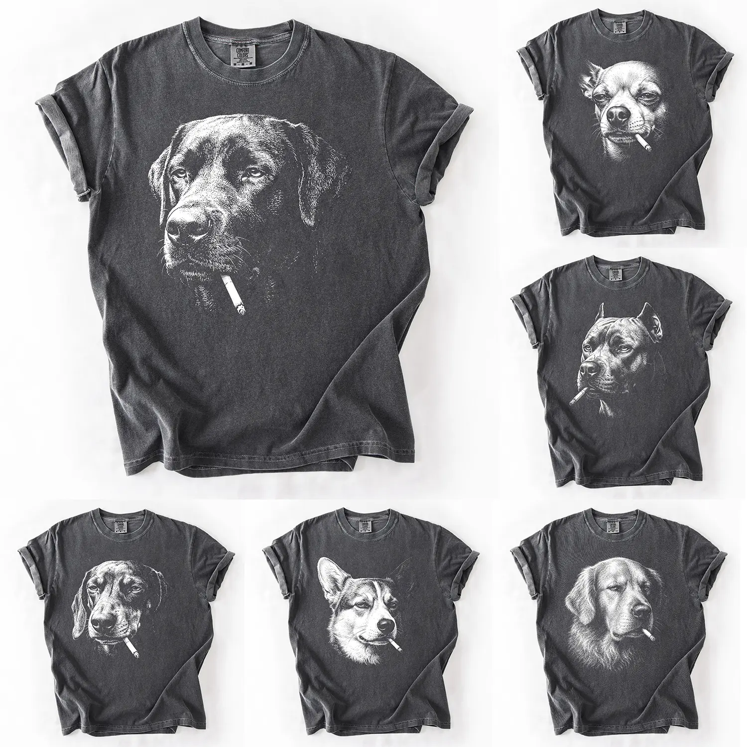 Comfort Colors Funny Vintage Smoking Dog Shirt, Retro Dog Lover Comfort Colors Tee Featuring Multiple Popular Breeds, Cool Canine Graphic T-Shirt, Unisex Pet Lover Gift, Funny Puppy Portrait Shirt for Dog Moms and Dog Dads, Trendy Animal Lover Apparel