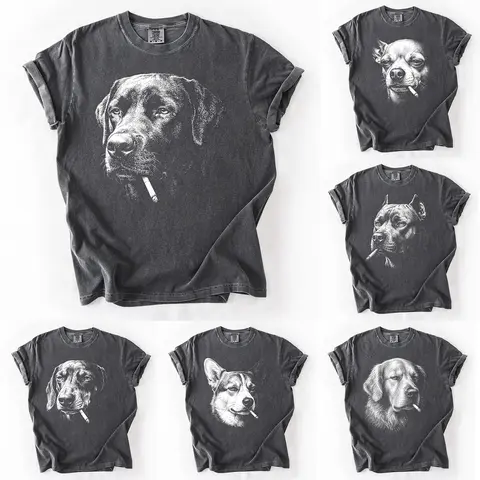 Comfort Colors Funny Vintage Smoking Dog Shirt, Retro Dog Lover Comfort Colors Tee Featuring Multiple Popular Breeds, Cool Canine Graphic T-Shirt, Unisex Pet Lover Gift, Funny Puppy Portrait Shirt for Dog Moms and Dog Dads, Trendy Animal Lover Apparel