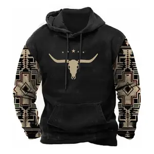 Mens Hoodie Western Cowboy Hooded Sweatshirt Country Graphic Print Oversized Pullover Shirts with Pocket