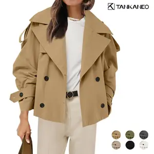 Tankaneo Womens Cropped Trench Coat Casual Double Breasted Short Jacket Fall Fashion Outerwear with Belt
